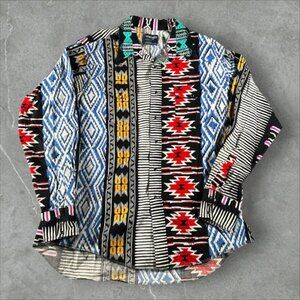 Vintage  Wrangler Shirt Mens 17 1/2 35 Colorful Aztec Brushpopper Pearl Snap 90s